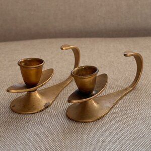Israel Mid Century Modern Brass tabletop candle holders pair